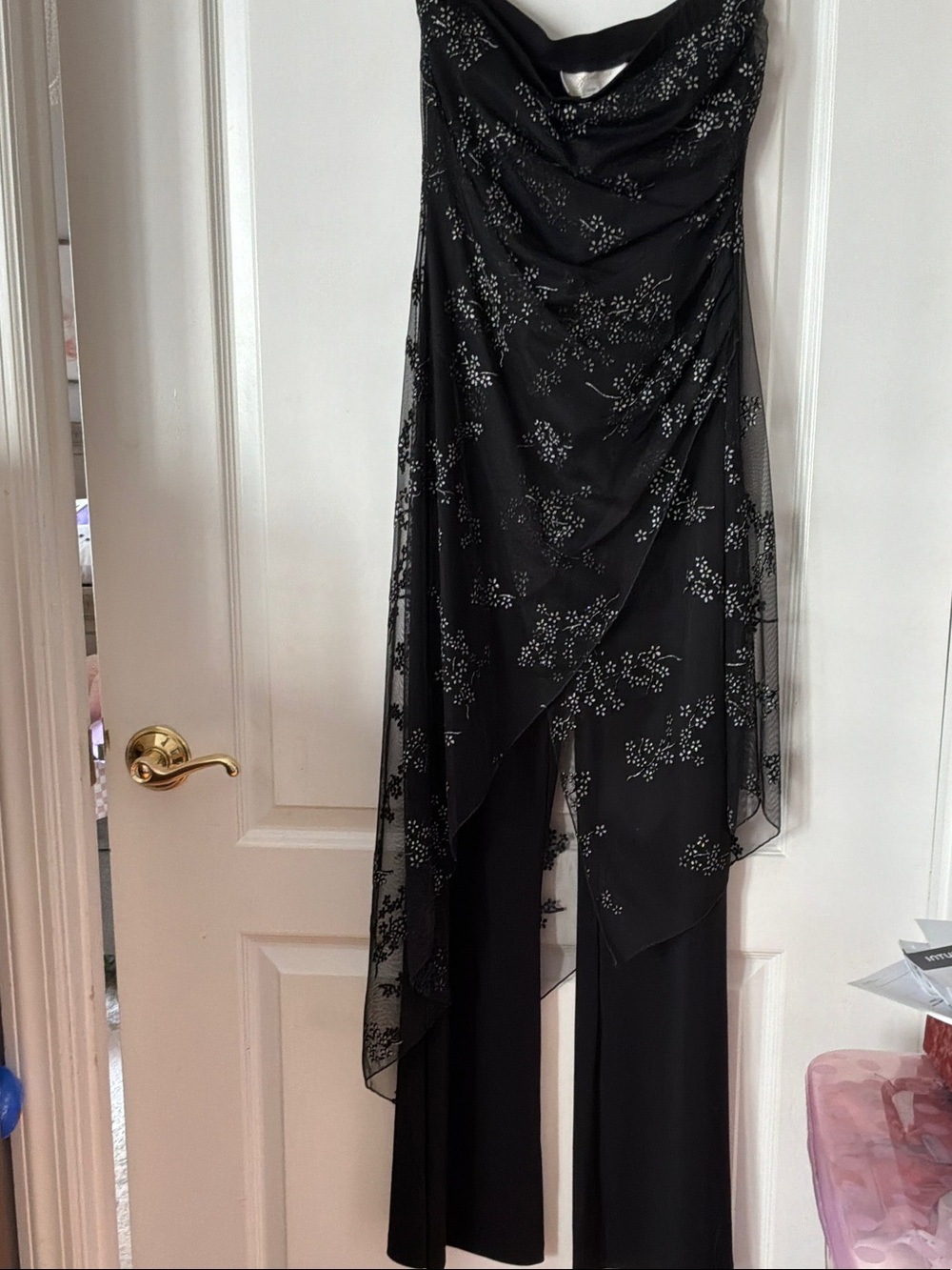 Vintage Janine Black Asymmetrical Draped Evening Dress with Sheer Sparkle Overla